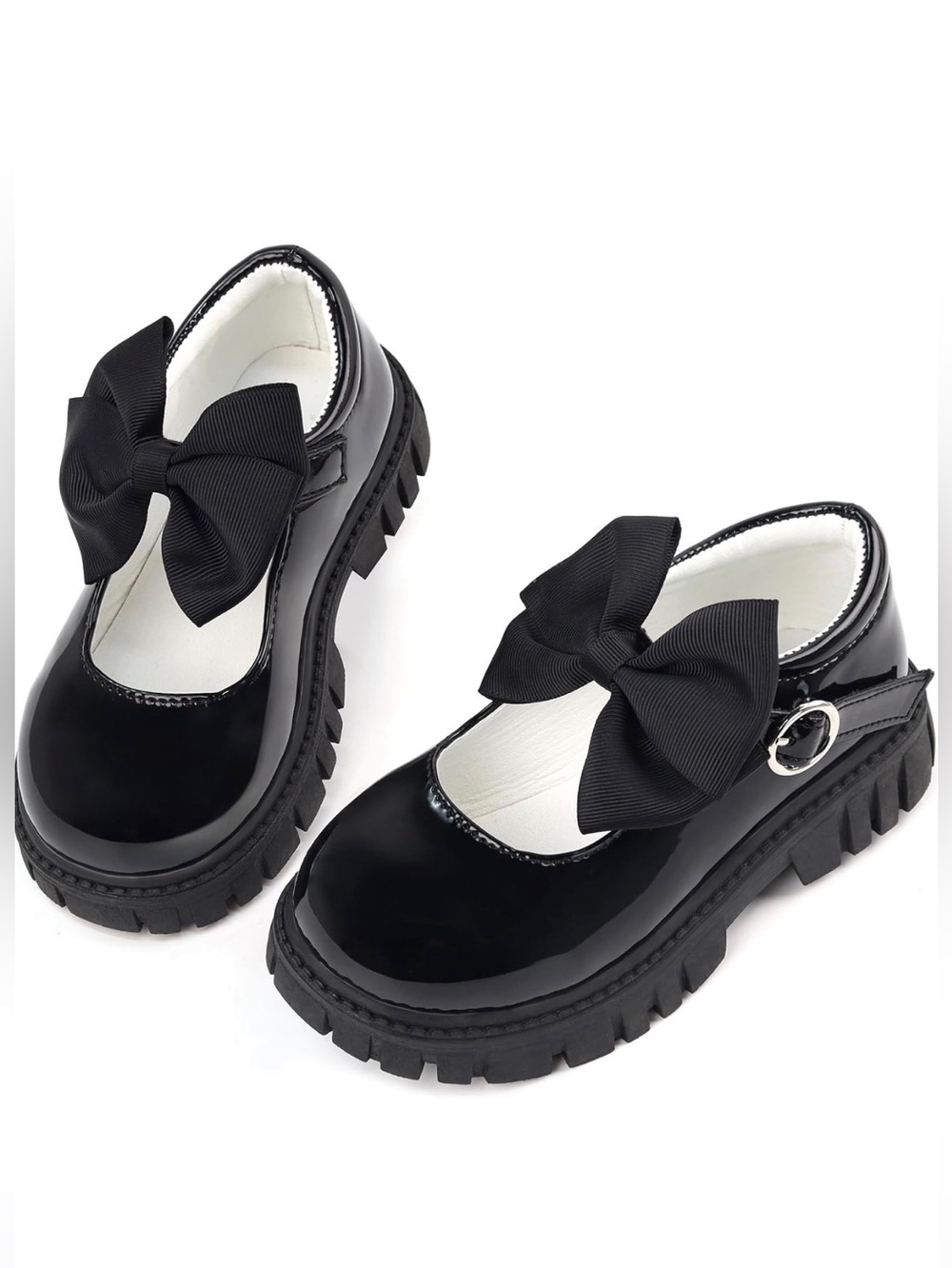 Wulubaba Girls' Black Patent Mary Jane Shoes with Bow Accent